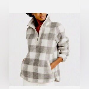 Abercrombie & Fitch Teddy Bear Sherpa Buffalo Grey Checkered 3/4 Zip Pockets M